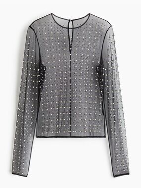 Sheer Embellished Mesh Long-Sleeve Top - S Black NEW